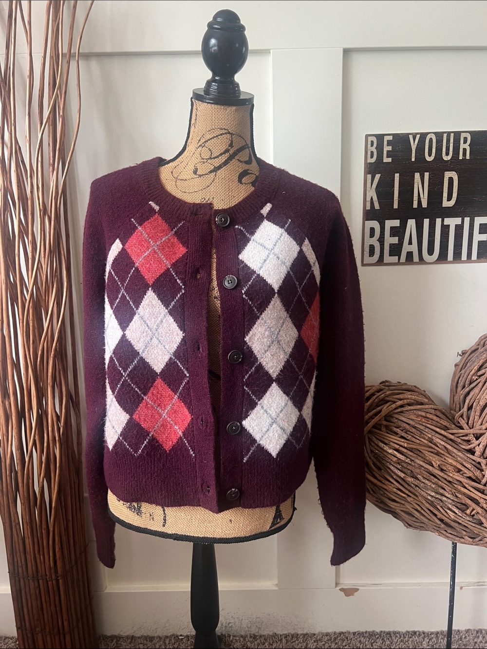 Sincerly Jules Burgundy Argyle Button Cardigan with Pink and White Diamonds